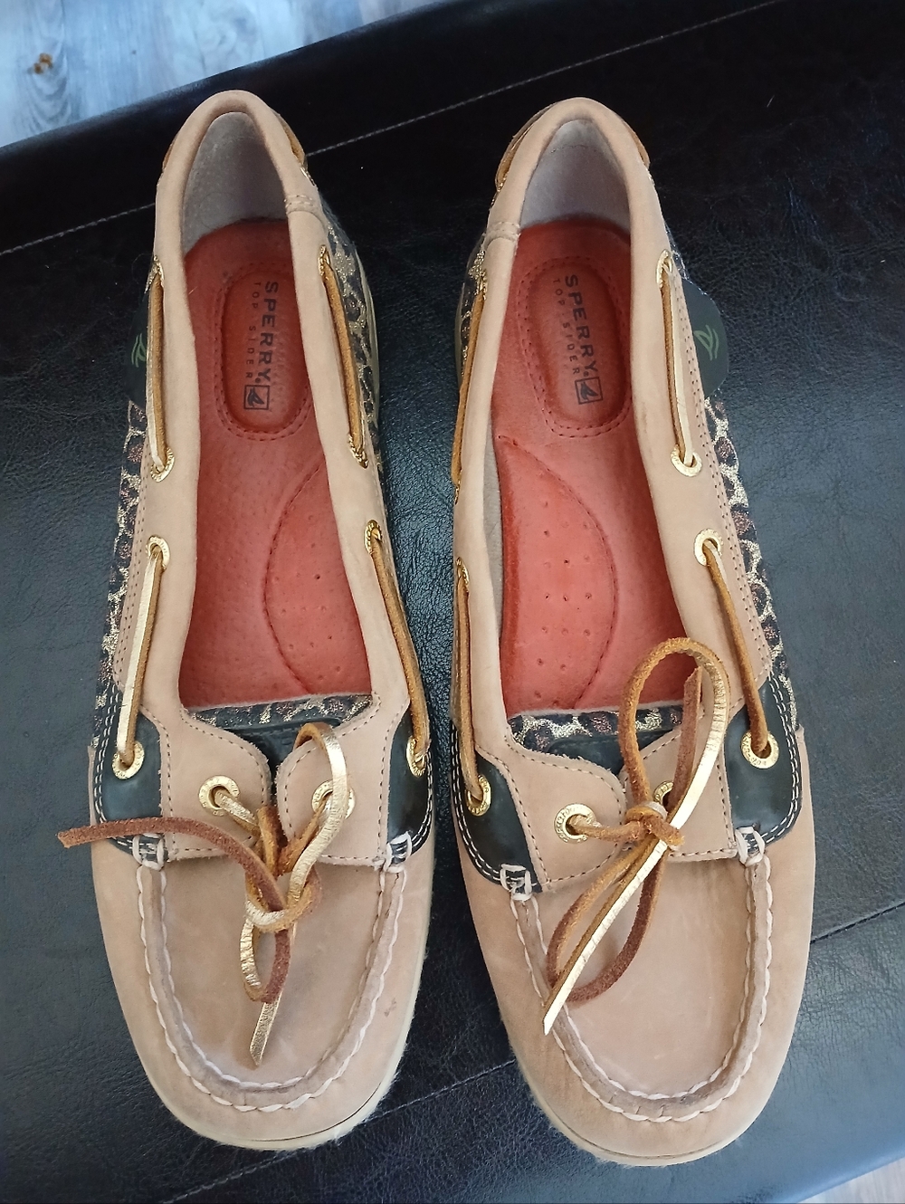 Sperry Women's Like New Leopard-Trim Boat Shoe Topsiders Sz 8 Leather Gold Tan